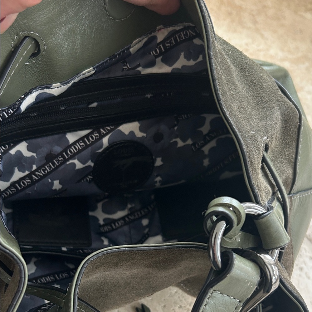 Lodis Elegant Olive Green Leather & Suede Bucket Bag - Picture 8 of 8